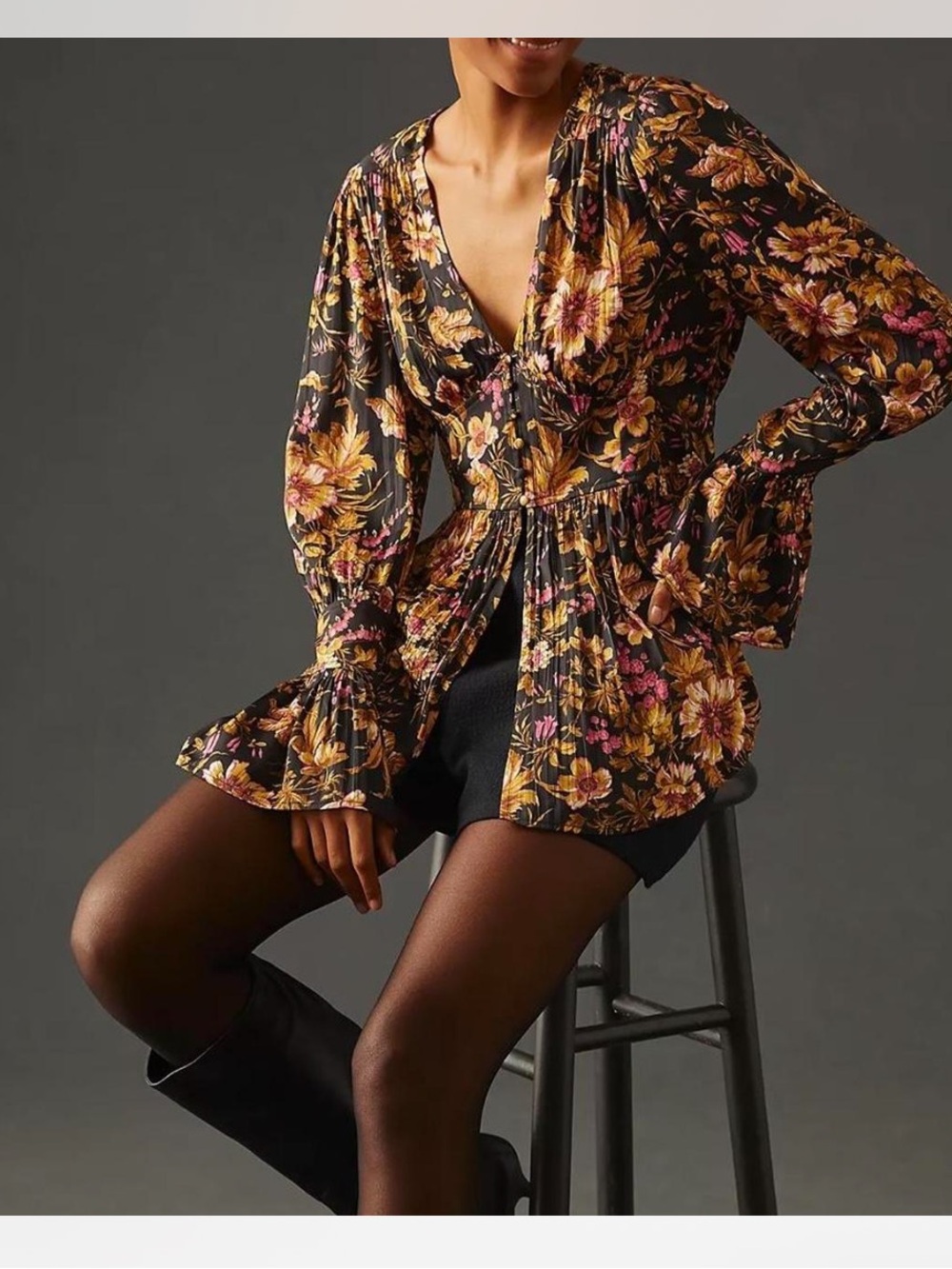 Anthropology Deep V Tunic Blouse Floral Print